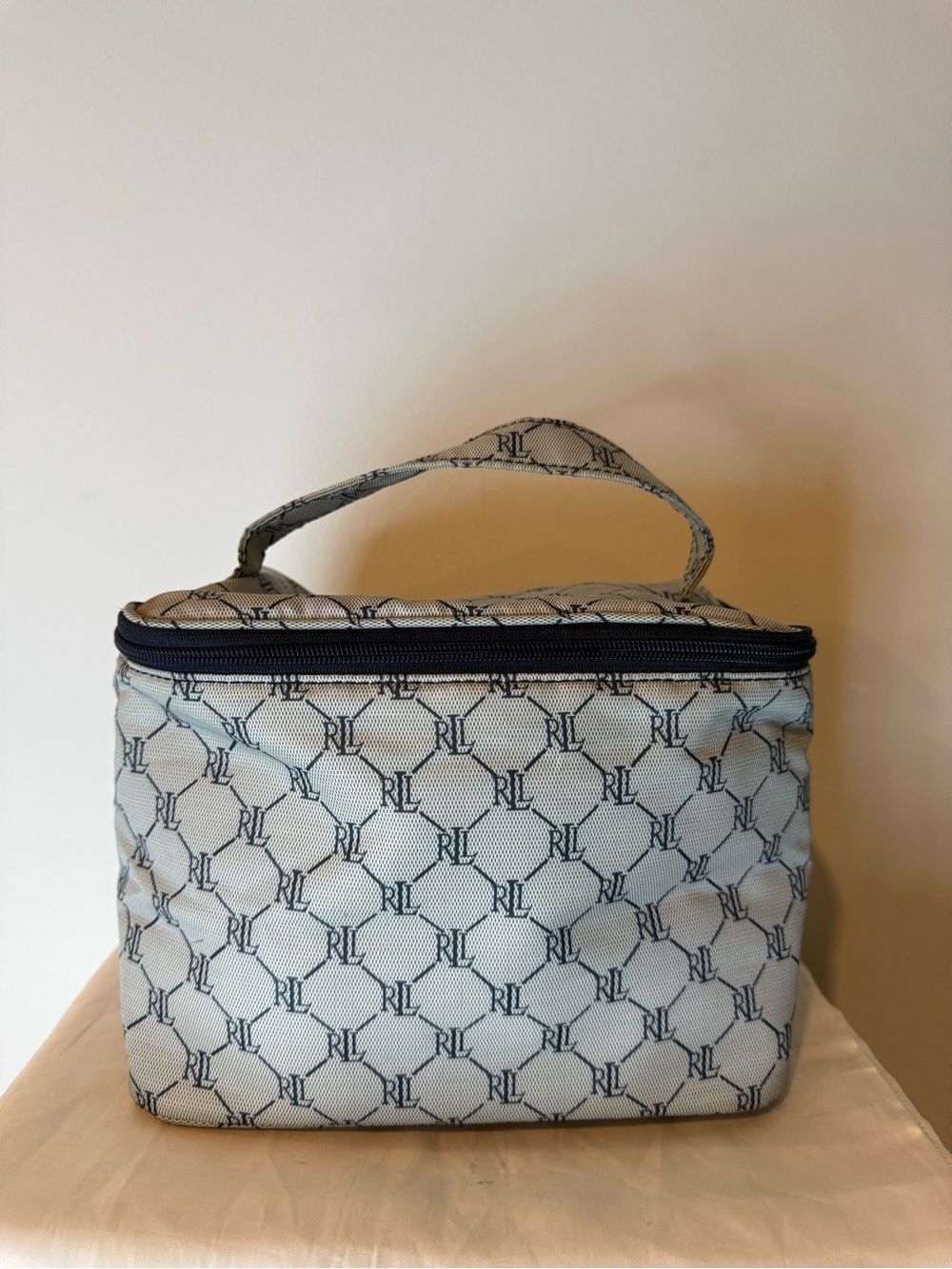 Ralph Lauren Light Blue Monogram Cosmetic Case with Navy Accents